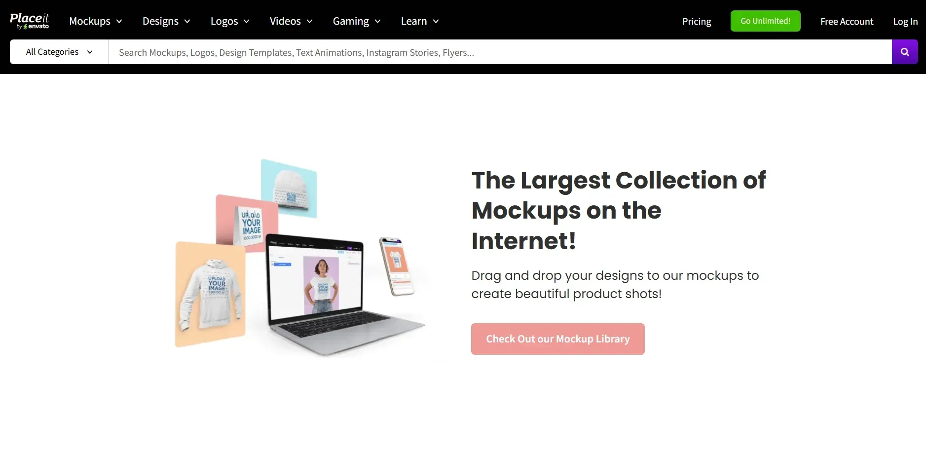 Placeit mockup library page highlighting drag-and-drop design tools and product previews on a laptop and mobile